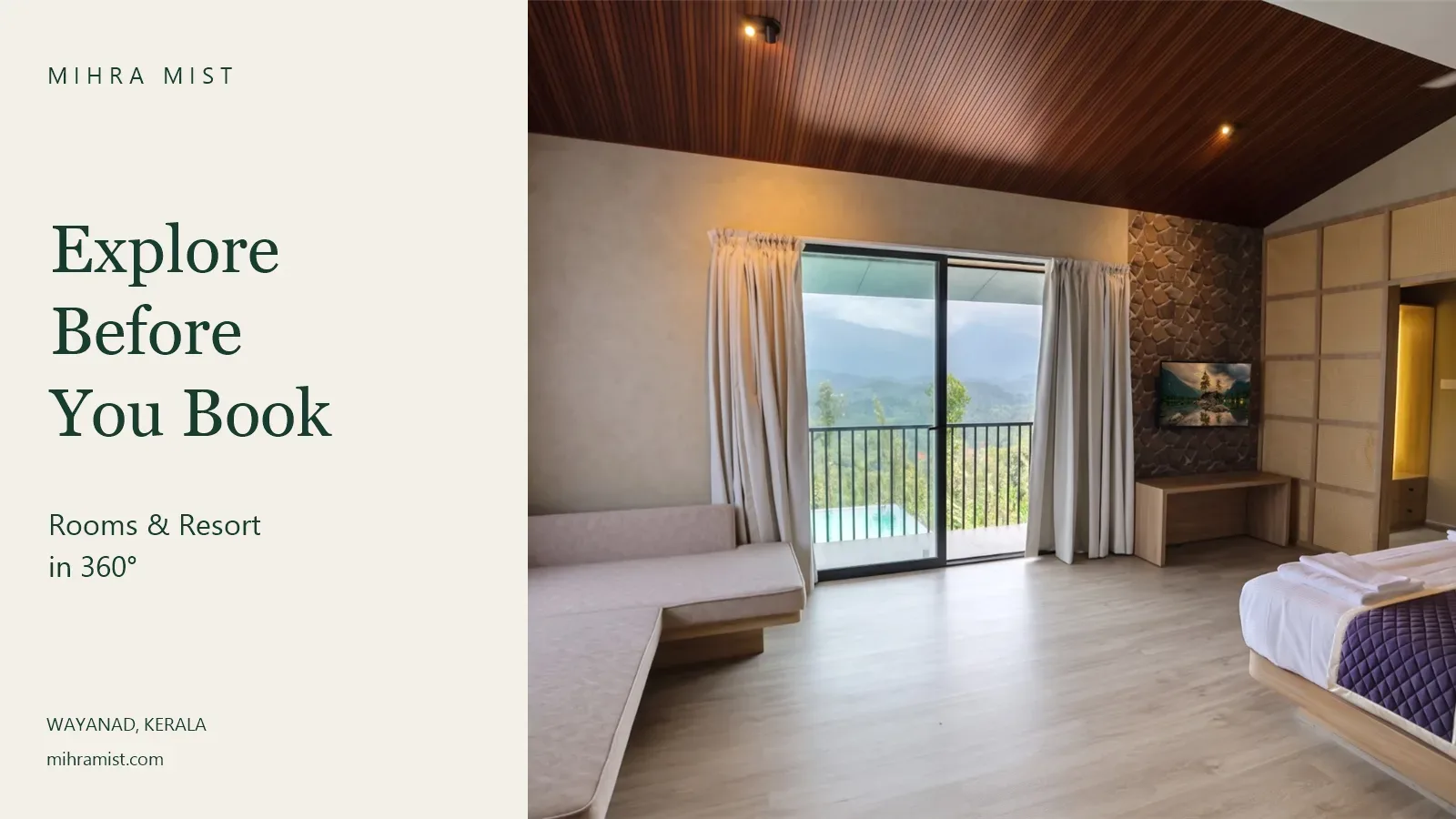 Mihra Mist cottage interior with a balcony and Wayanad hill views, beside the headline “Explore Before You Book — Rooms & Resort in 360°.”
