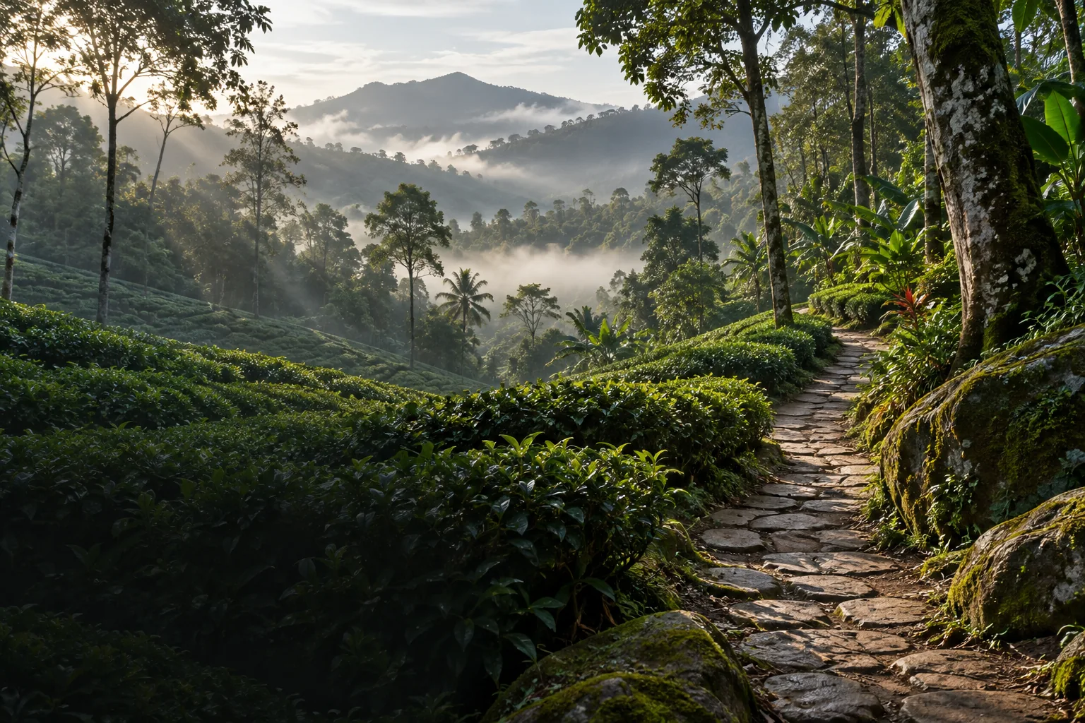 Misty morning trails and green hills at Mihra Mist Resort